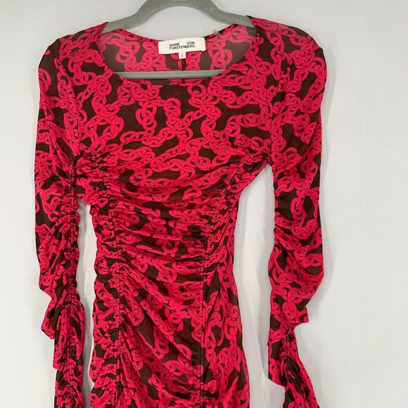 Diane Von Furstenberg Women Corrine Dress S Red Chainlink Ruched Mesh Sheer - Picture 2 of 10